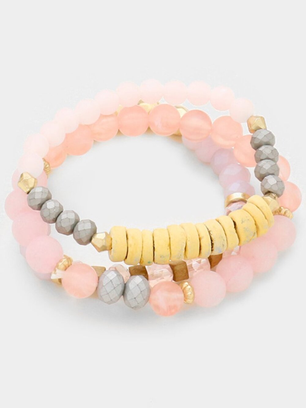 3-Piece Pink Stone, Wood and Gold Bead Stretch Bracelet Set - Boho Stacking Set